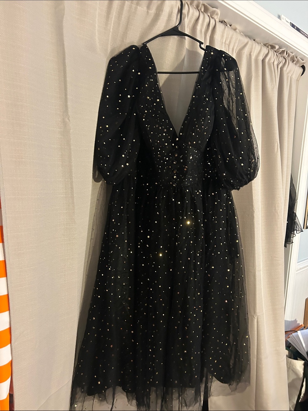 Black Sparkle Puff Sleeve V-Neck Dress